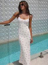 Elegant Heart Print Ribbed Maxi Dress Y2K Trend Square Collar Backless Robe Daily Casual Outfits